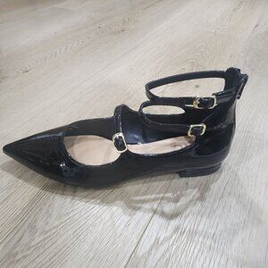 Black Patent Pointed Toe Mary Jane Flats With Double Ankle Straps & Gold Buckles